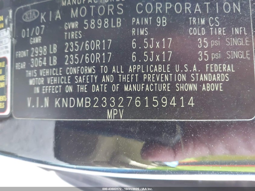 2007 Kia Sedona Ex VIN: KNDMB233276159414 Lot: 43583172