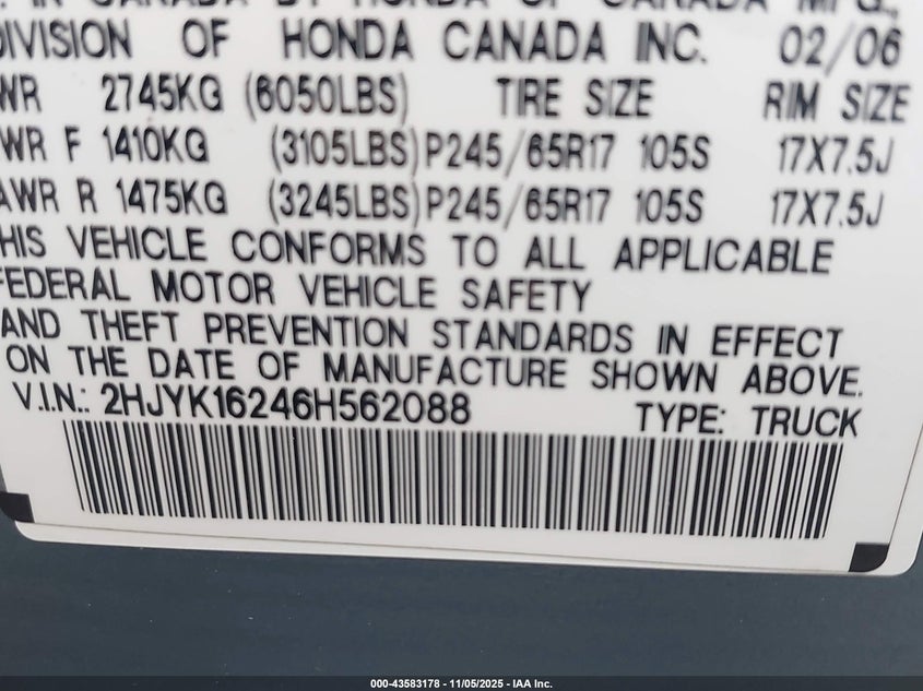 2006 Honda Ridgeline Rt VIN: 2HJYK16246H562088 Lot: 43583178
