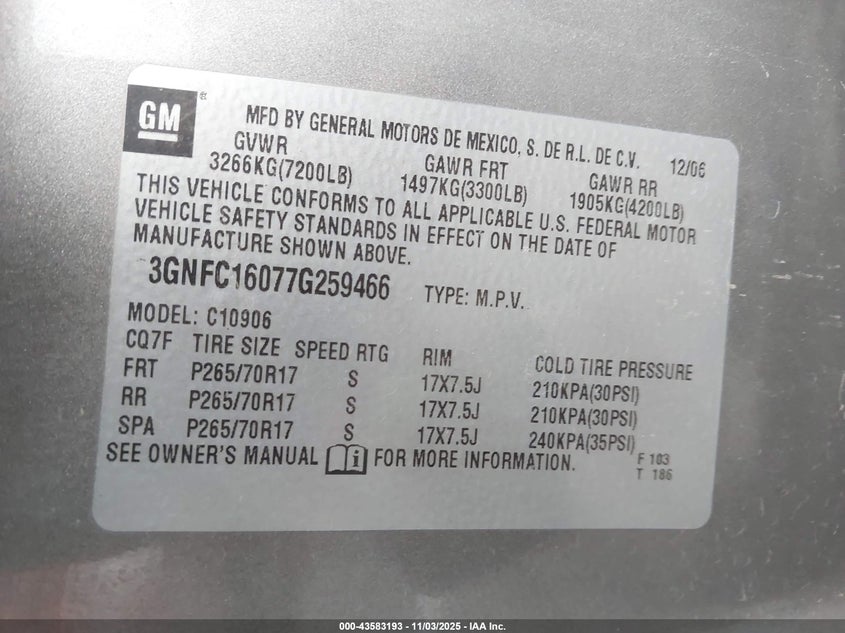 2007 Chevrolet Suburban 1500 Ls VIN: 3GNFC16077G259466 Lot: 43583193