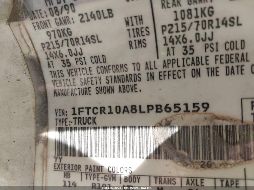 1990 Ford Ranger VIN: 1FTCR10A8LPB65159 Lot: 43583223