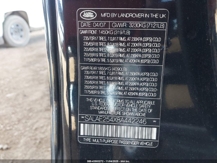 2008 Land Rover Lr3 V8 Se VIN: SALAE254X8A442246 Lot: 43583272