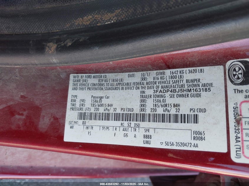 2017 Ford Fiesta Se VIN: 3FADP4BJ5HM163185 Lot: 43583292