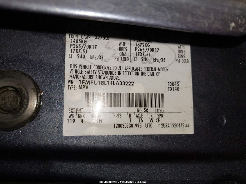 2004 Ford Expedition Eddie Bauer VIN: 1FMFU18L14LA33222 Lot: 43583299