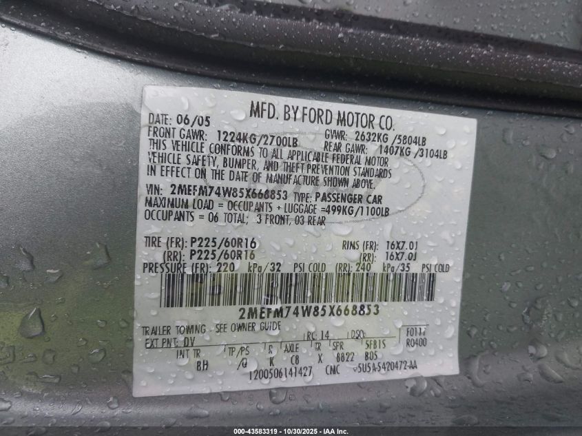 2005 Mercury Grand Marquis Gs VIN: 2MEFM74W85X668853 Lot: 43583319