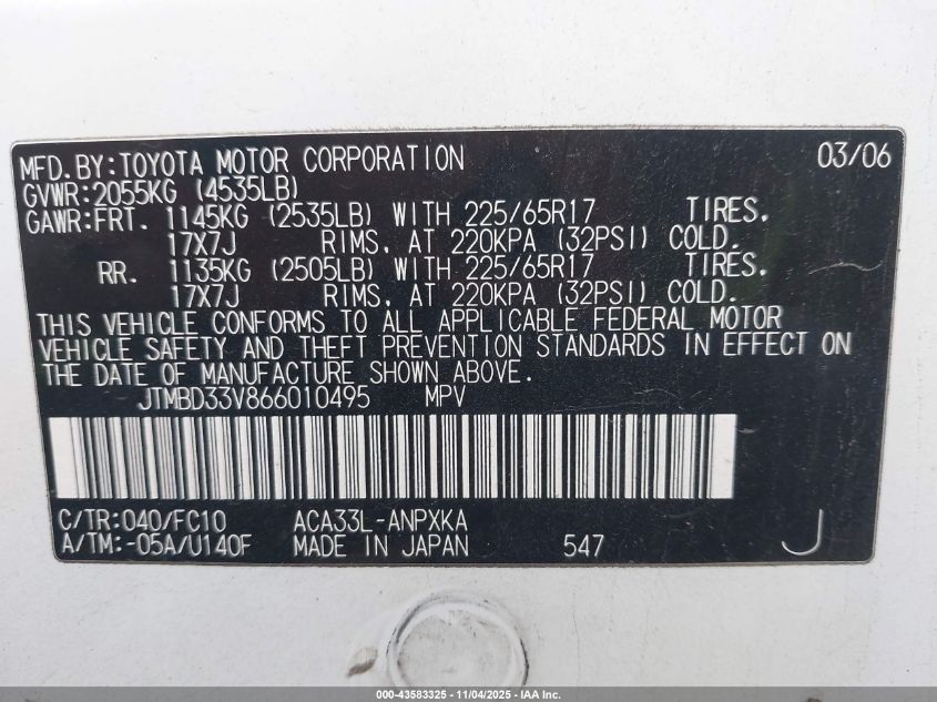 2006 Toyota Rav4 VIN: JTMBD33V866010495 Lot: 43583325