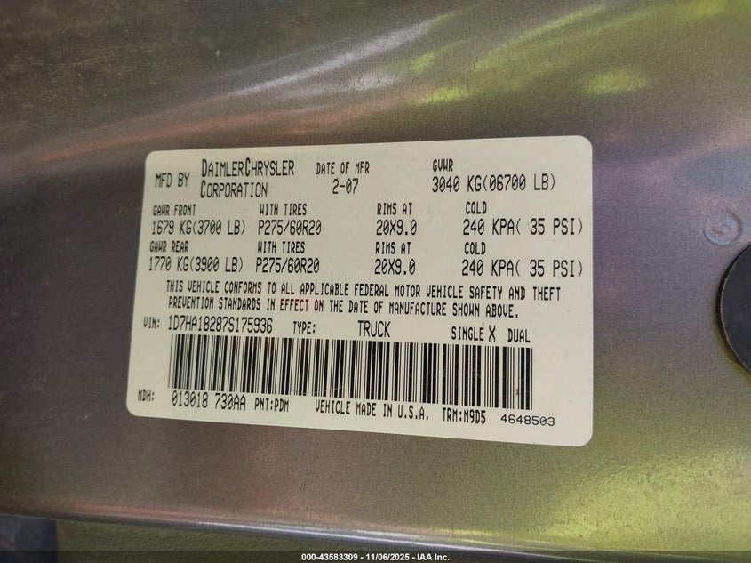 2007 Dodge Ram 1500 Slt VIN: 1D7HA18287S175936 Lot: 43583309