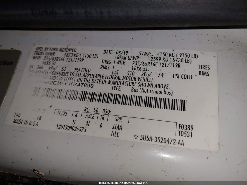 2019 Ford Transit-350 Xl VIN: 1FBAX2CM5KKB47890 Lot: 43583338