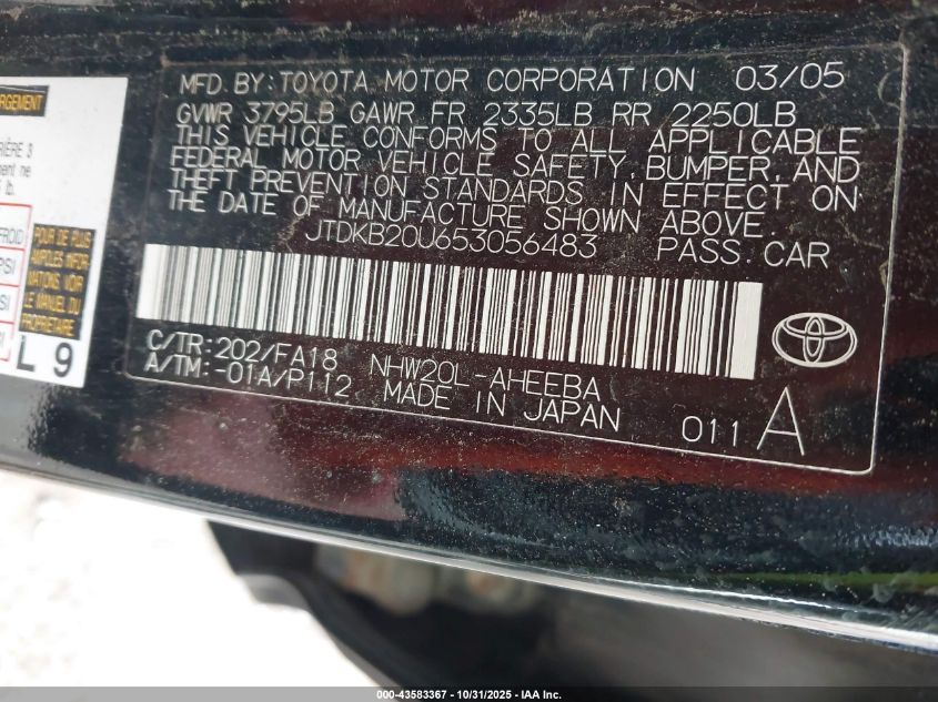 2005 Toyota Prius VIN: JTDKB20U653056483 Lot: 43583367