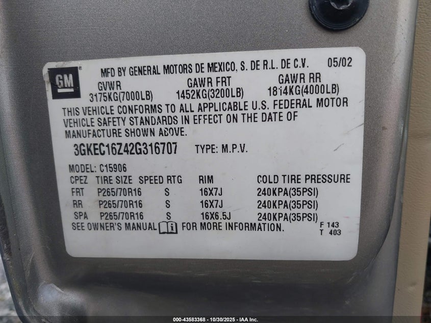 2002 GMC Yukon Xl 1500 Slt VIN: 3GKEC16Z42G316707 Lot: 43583368