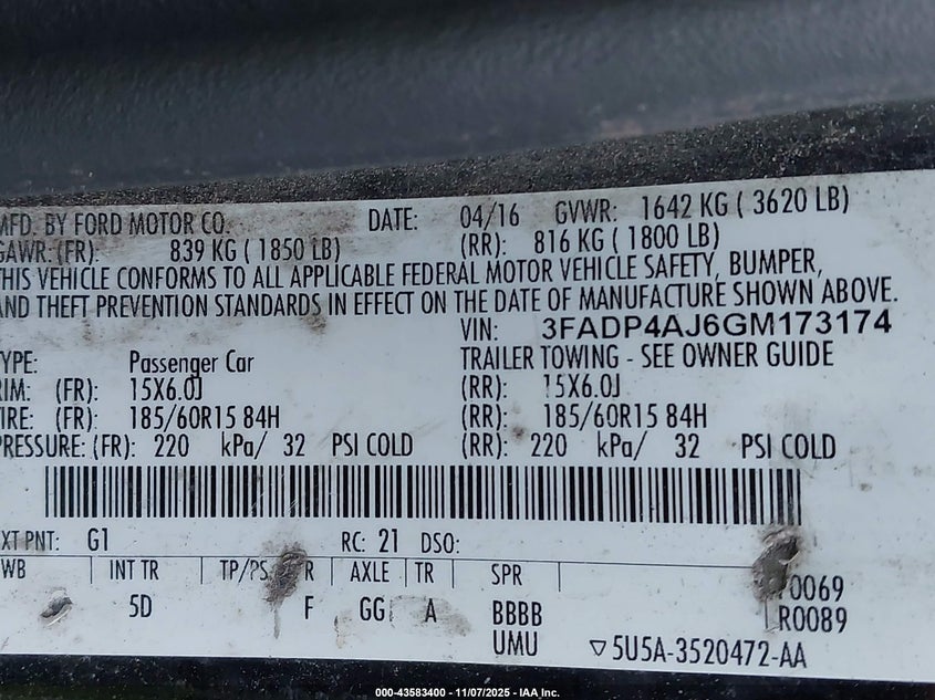 2016 Ford Fiesta S VIN: 3FADP4AJ6GM173174 Lot: 43583400