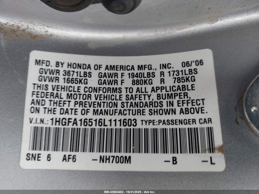 2006 Honda Civic Lx VIN: 1HGFA16516L111603 Lot: 43583402