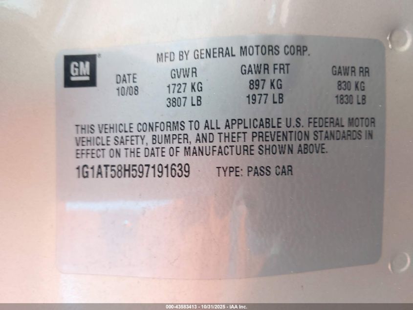 2009 Chevrolet Cobalt Lt VIN: 1G1AT58H597191639 Lot: 43583413