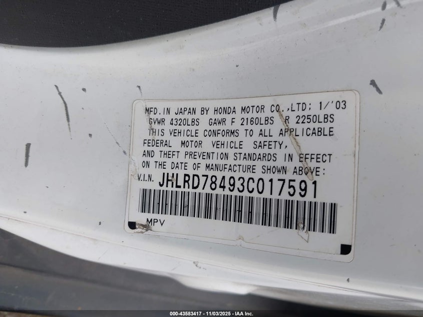 2003 Honda Cr-V Lx VIN: JHLRD78493C017591 Lot: 43583417