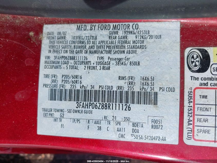 2008 Ford Fusion S VIN: 3FAHP06Z88R111126 Lot: 43583454