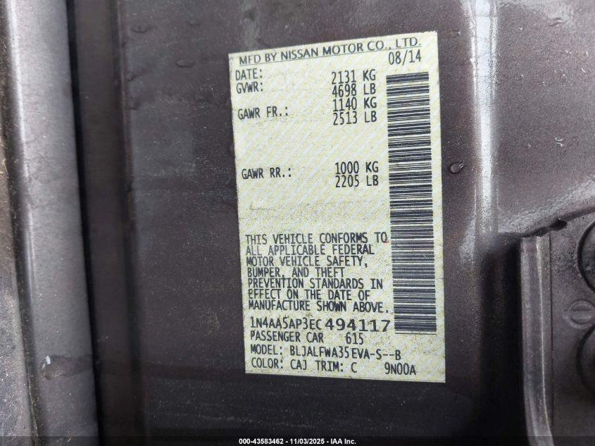 2014 Nissan Maxima 3.5 Sv VIN: 1N4AA5AP3EC494117 Lot: 43583462
