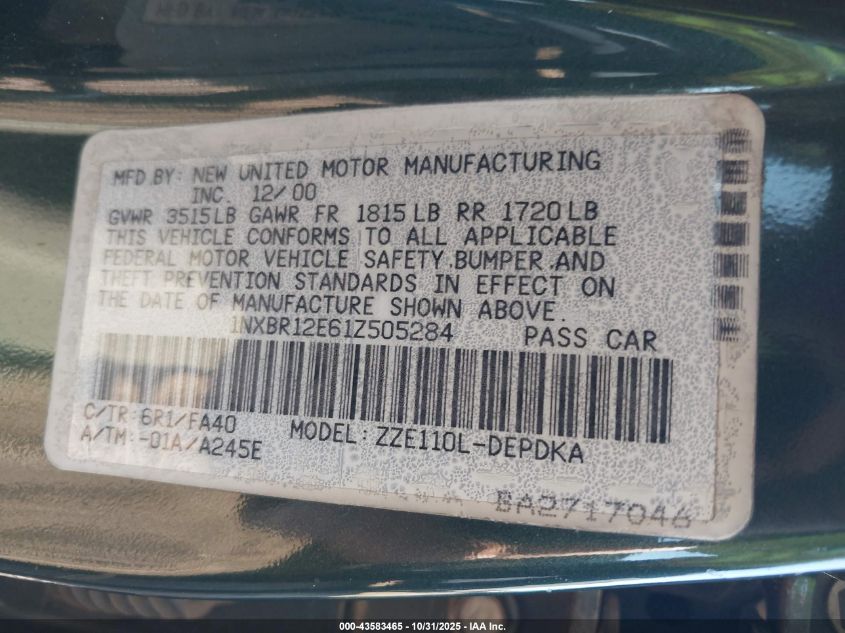 2001 Toyota Corolla Le VIN: 1NXBR12E61Z505284 Lot: 43583465