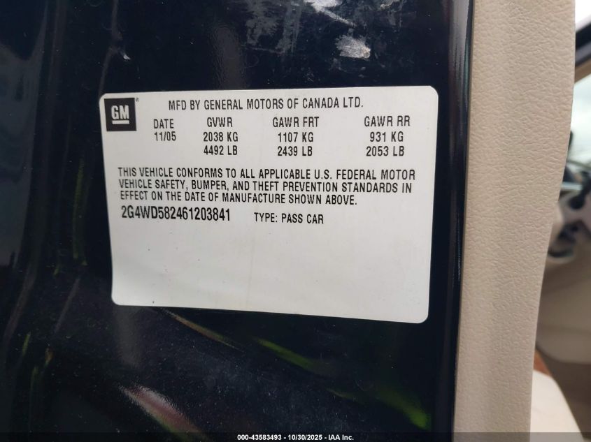 2006 Buick Lacrosse Cxl VIN: 2G4WD582461203841 Lot: 43583493