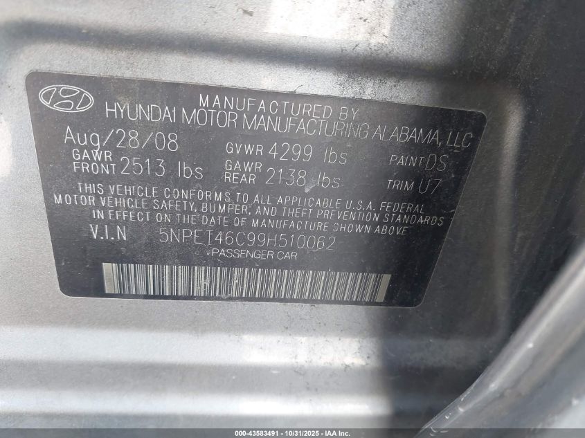 2009 Hyundai Sonata Gls VIN: 5NPET46C99H510062 Lot: 43583491