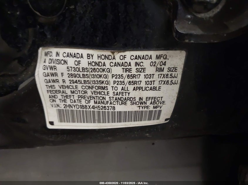 2004 Acura Mdx VIN: 2HNYD188X4H526378 Lot: 43583520