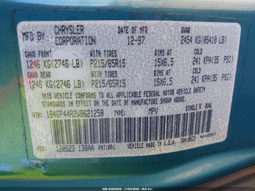 1998 Dodge Grand Caravan Se VIN: 1B4GP44R2WB621258 Lot: 43583545
