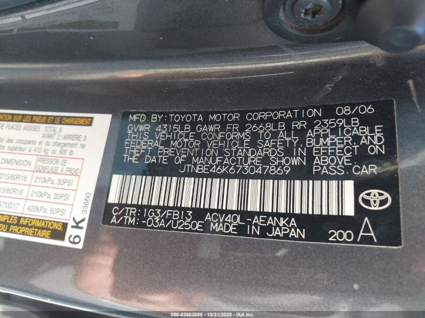 2007 Toyota Camry Le VIN: JTNBE46K673047869 Lot: 43583559