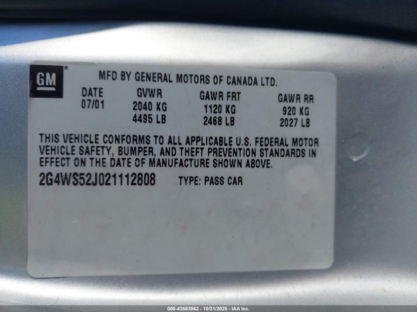 2002 Buick Century Custom VIN: 2G4WS52J021112808 Lot: 43583562