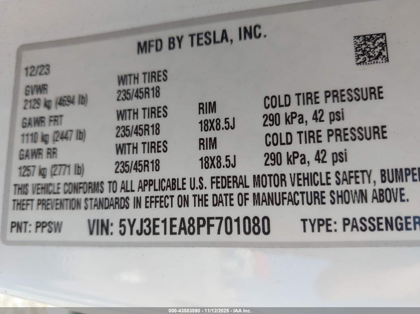 2023 Tesla Model 3 Rear-Wheel Drive VIN: 5YJ3E1EA8PF701080 Lot: 43583590