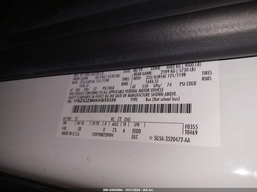 2019 Ford Transit-350 Xlt VIN: 1FBZX2ZM0KKB55339 Lot: 43583564