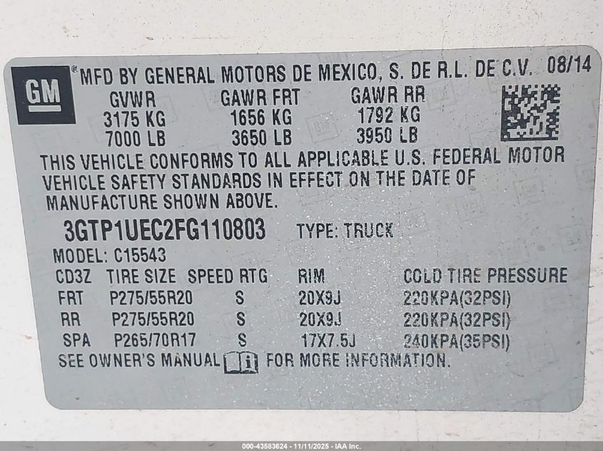 2015 GMC Sierra 1500 Sle VIN: 3GTP1UEC2FG110803 Lot: 43583624