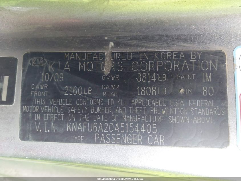2010 Kia Forte Koup Ex VIN: KNAFU6A20A5154405 Lot: 43583604