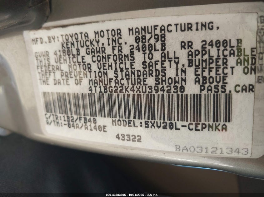 1999 Toyota Camry Le VIN: 4T1BG22K4XU394230 Lot: 43583605