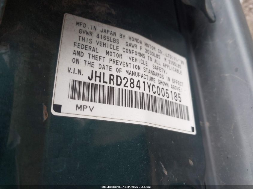2000 Honda Cr-V Lx VIN: JHLRD2841YC005185 Lot: 43583616