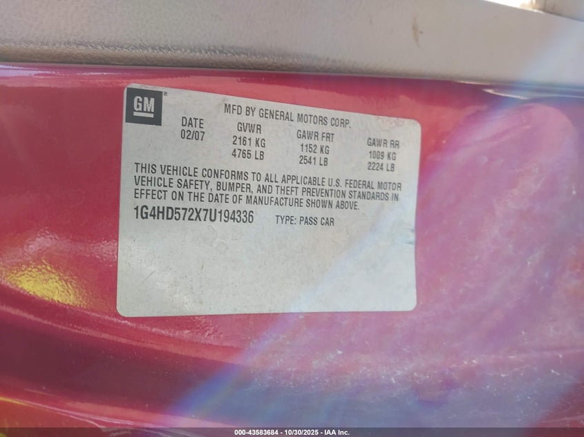 2007 Buick Lucerne Cxl VIN: 1G4HD572X7U194336 Lot: 43583684