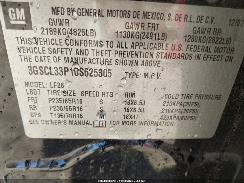 2008 Saturn Vue 4-Cyl Xe VIN: 3GSCL33P18S625305 Lot: 43583696