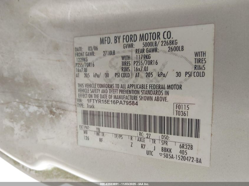 2006 Ford Ranger Fx4 Off-Road/Sport/Xl/Xlt VIN: 1FTYR15E16PA79584 Lot: 43583691