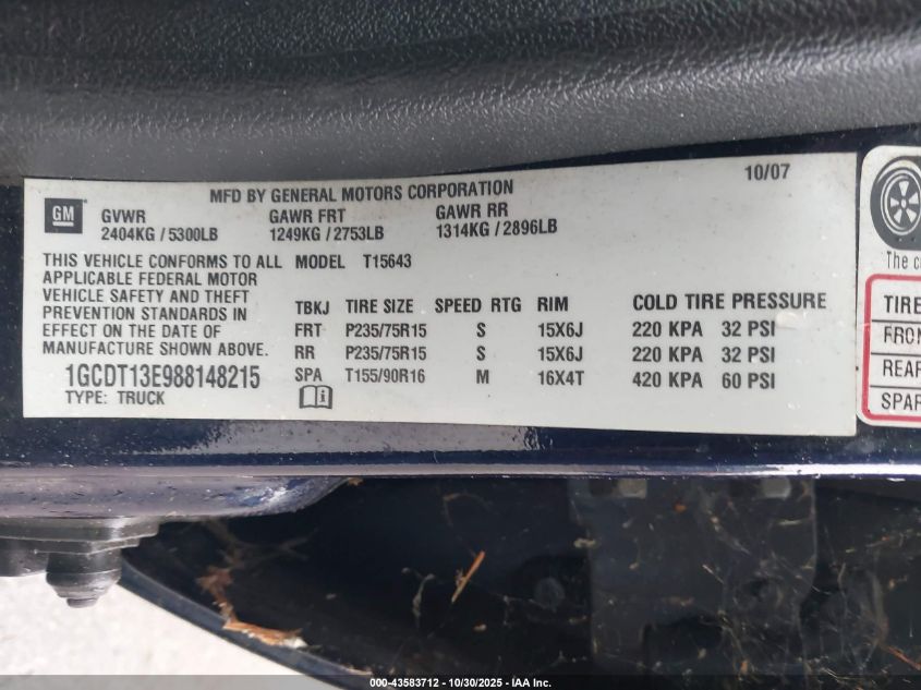 2008 Chevrolet Colorado Lt VIN: 1GCDT13E988148215 Lot: 43583712