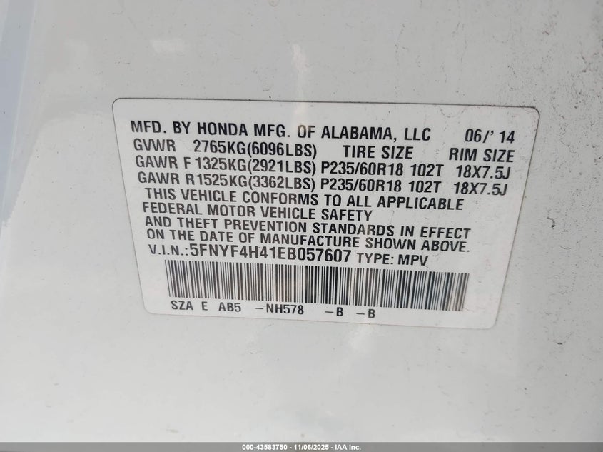 2014 HONDA PILOT EX 5FNYF4H41EB057607