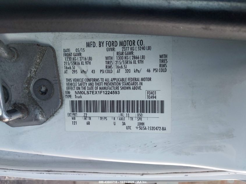 2015 Ford Transit Connect Xl VIN: NM0LS7EX1F1224593 Lot: 43583718