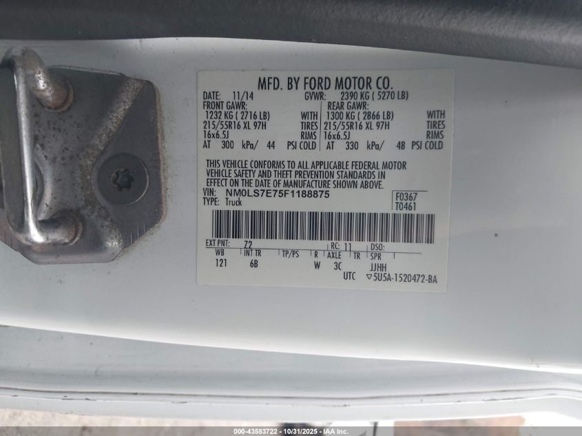 2015 Ford Transit Connect Xl VIN: NM0LS7E75F1188875 Lot: 43583722