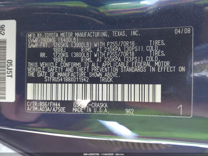 2008 Toyota Tundra Sr5 V6 VIN: 5TFRU54188X011942 Lot: 43583760