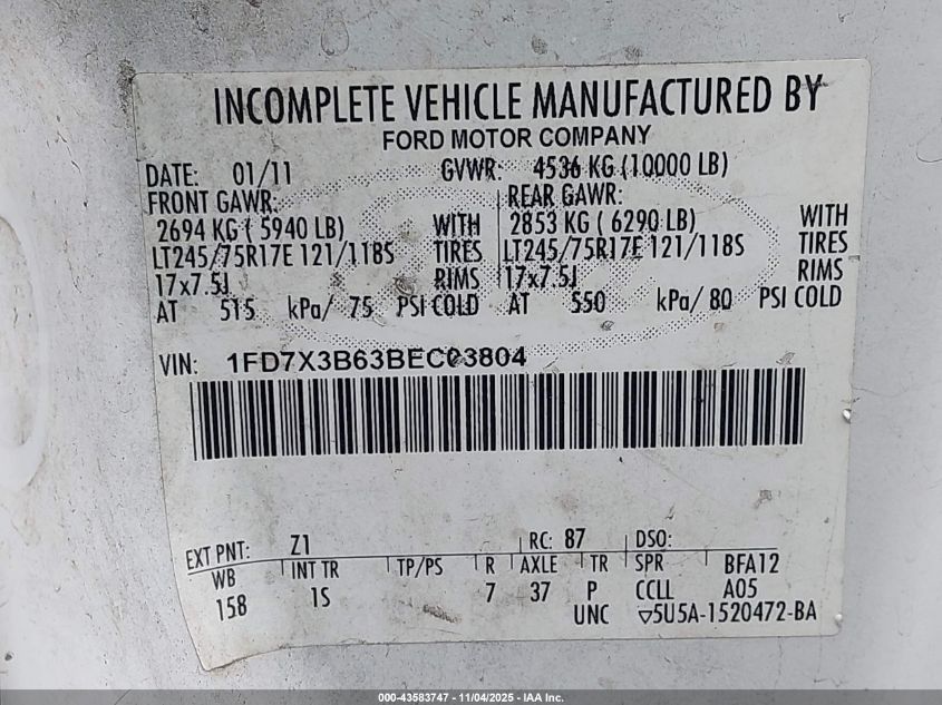 2011 Ford F-350 Xl VIN: 1FD7X3B63BEC03804 Lot: 43583747