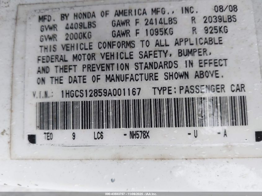 2009 Honda Accord 2.4 Ex-L VIN: 1HGCS12859A001167 Lot: 43583757
