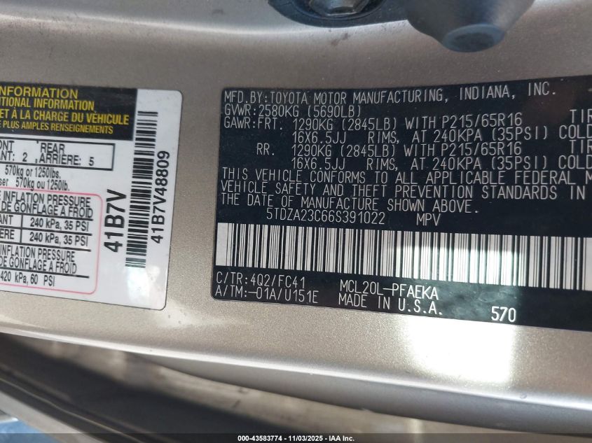 2006 Toyota Sienna Ce/Le VIN: 5TDZA23C66S391022 Lot: 43583774