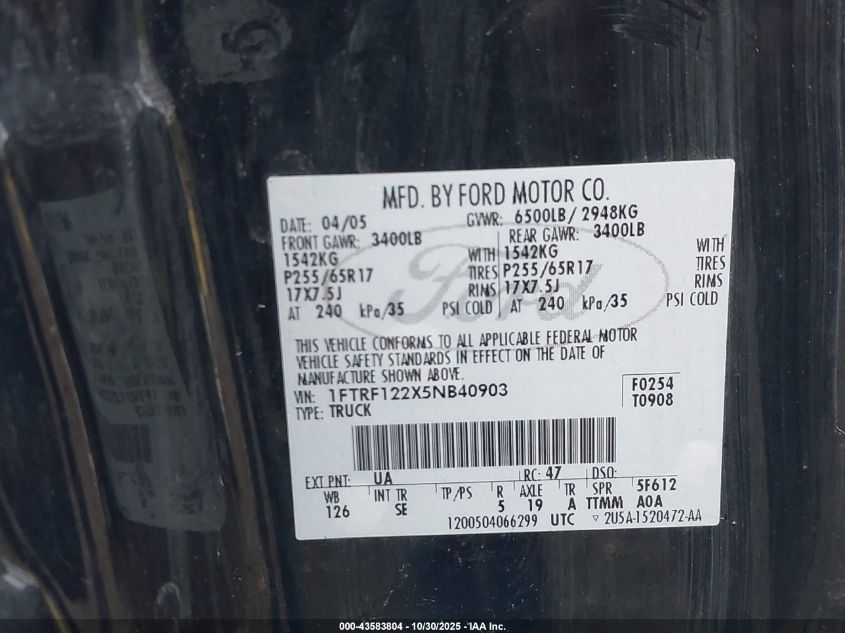 2005 Ford F-150 Stx/Xl/Xlt VIN: 1FTRF122X5NB40903 Lot: 43583804