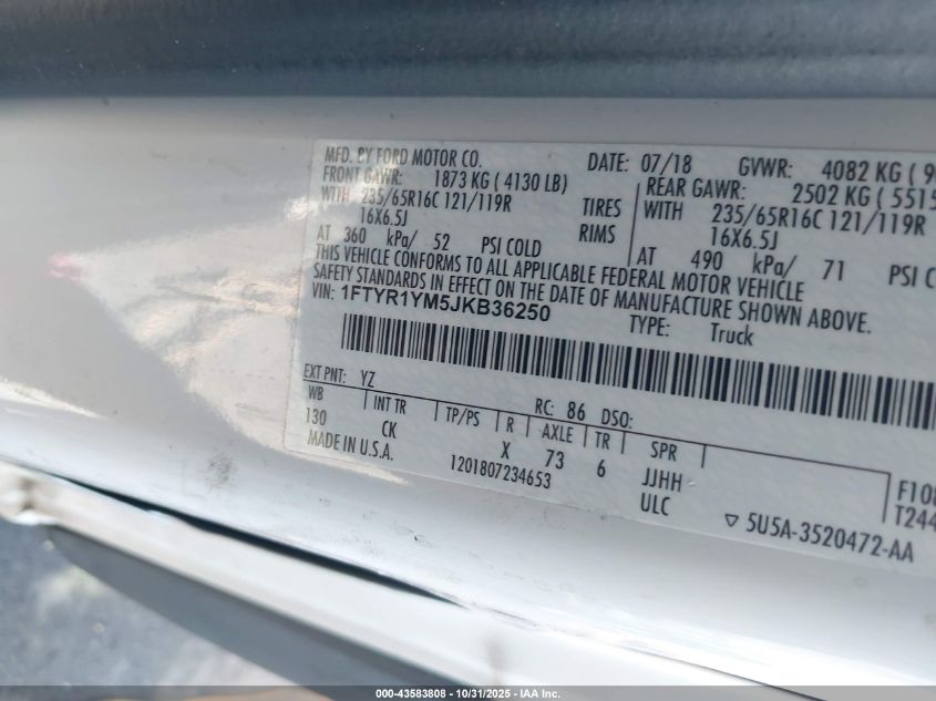 2018 Ford Transit-250 VIN: 1FTYR1YM5JKB36250 Lot: 43583808