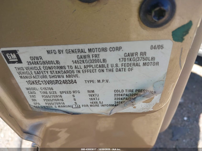 2005 GMC Yukon Sle VIN: 1GKEC13V85R248384 Lot: 43583817