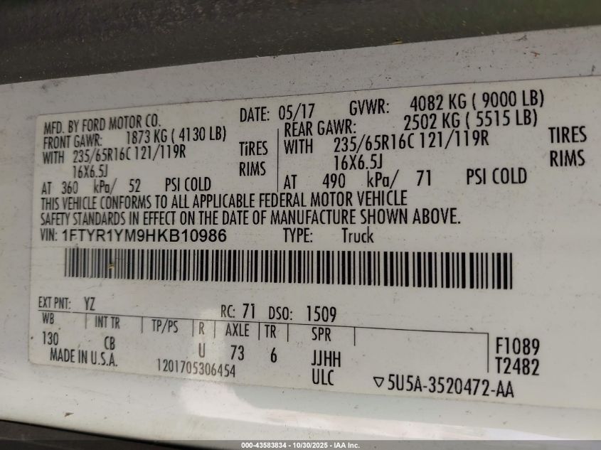 2017 Ford Transit-250 VIN: 1FTYR1YM9HK510986 Lot: 43583834