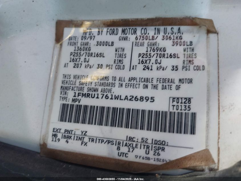 1998 Ford Expedition Eddie Bauer/Xlt VIN: 1FMRU1761WLA26895 Lot: 43583855