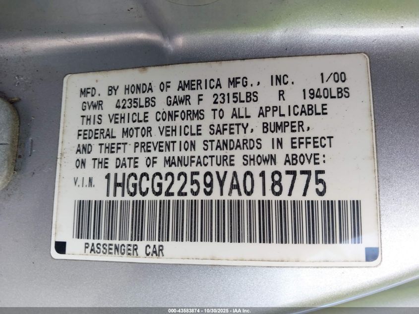2000 Honda Accord 3.0 Ex VIN: 1HGCG2259YA018775 Lot: 43583874