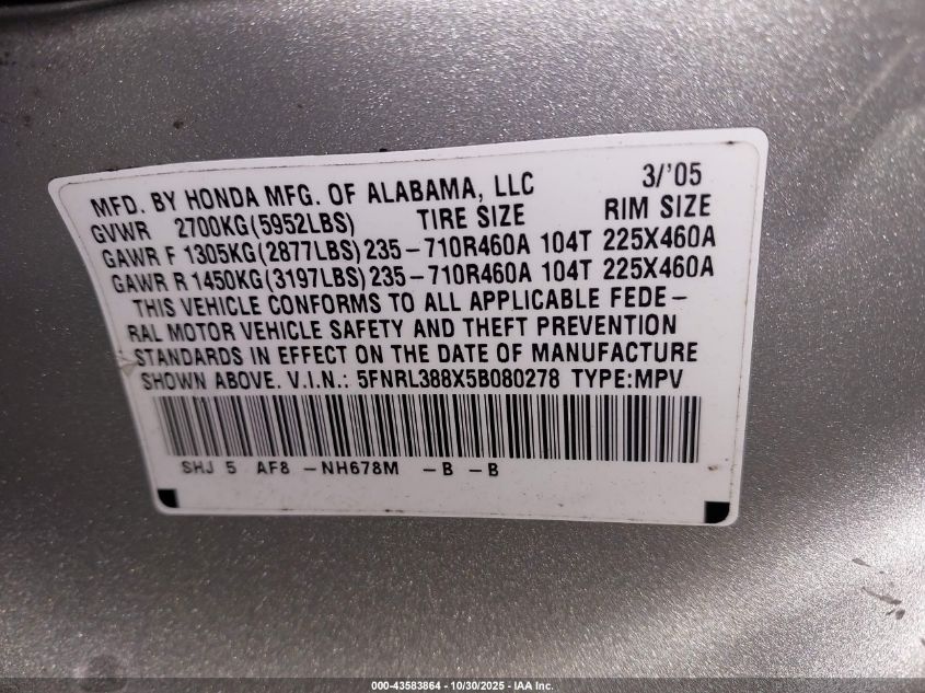 2005 Honda Odyssey Touring VIN: 5FNRL388X5B080278 Lot: 43583864